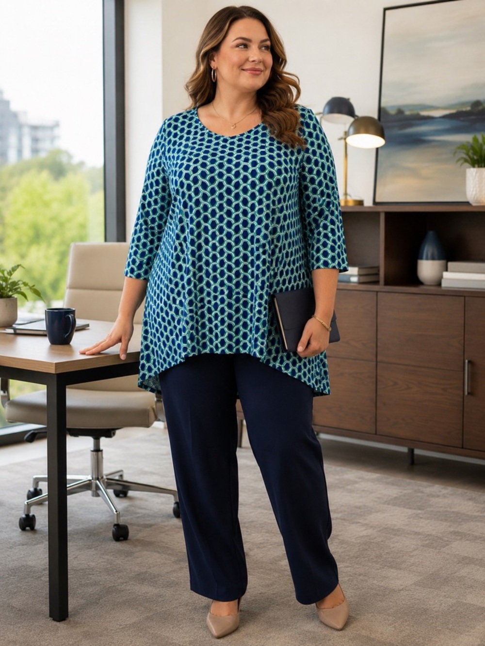 LBisse 1X Blue Green Geometric Tunic Top Stretch Knit 3/4 Sleeve Plus Size
